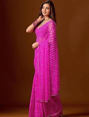 Pink leheriya beads and stones pure chiffon saree 3