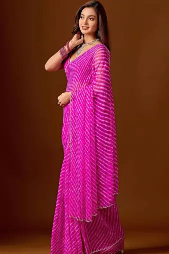 Pink leheriya beads and stones pure chiffon saree