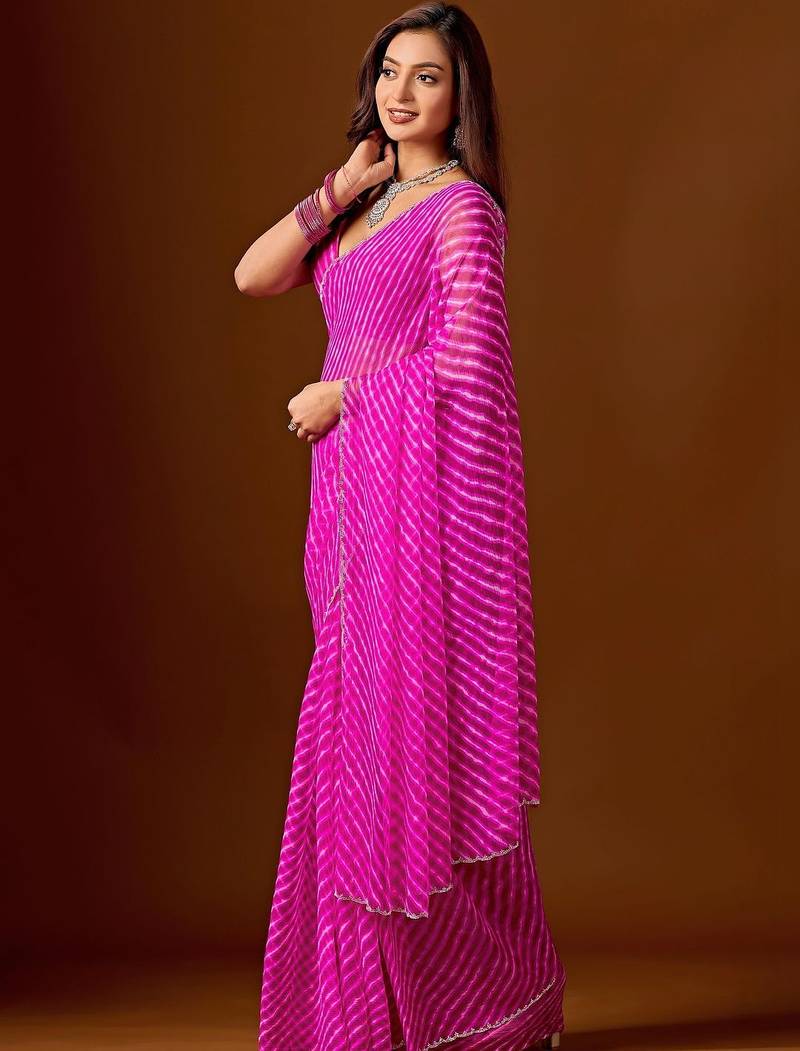 Pink leheriya beads and stones pure chiffon saree