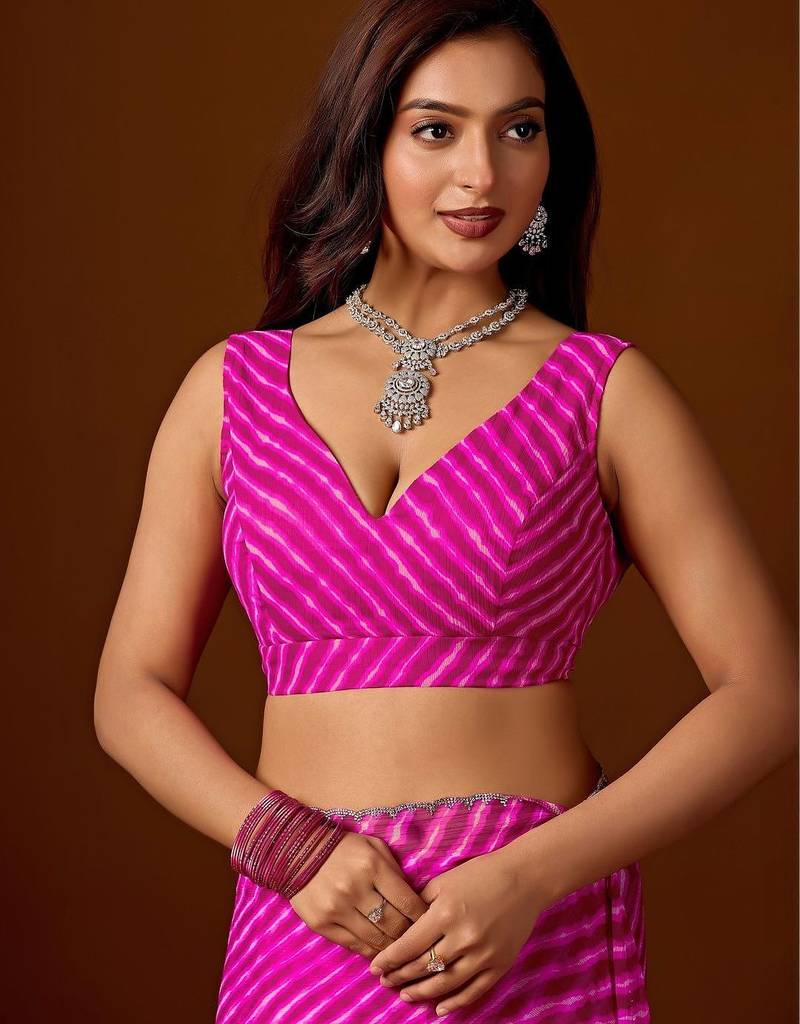 Pink leheriya beads and stones pure chiffon saree