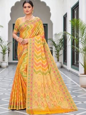 Yellow striped zari art silk fusion banarasi saree 1