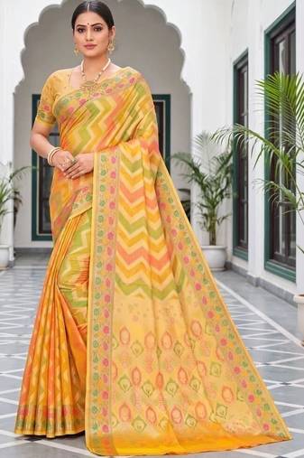 Yellow striped zari art silk fusion banarasi saree