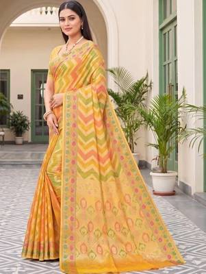 Yellow striped zari art silk fusion banarasi saree 2