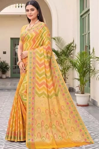 Yellow striped zari art silk fusion banarasi saree