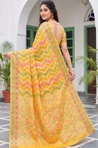 Yellow striped zari art silk fusion banarasi saree