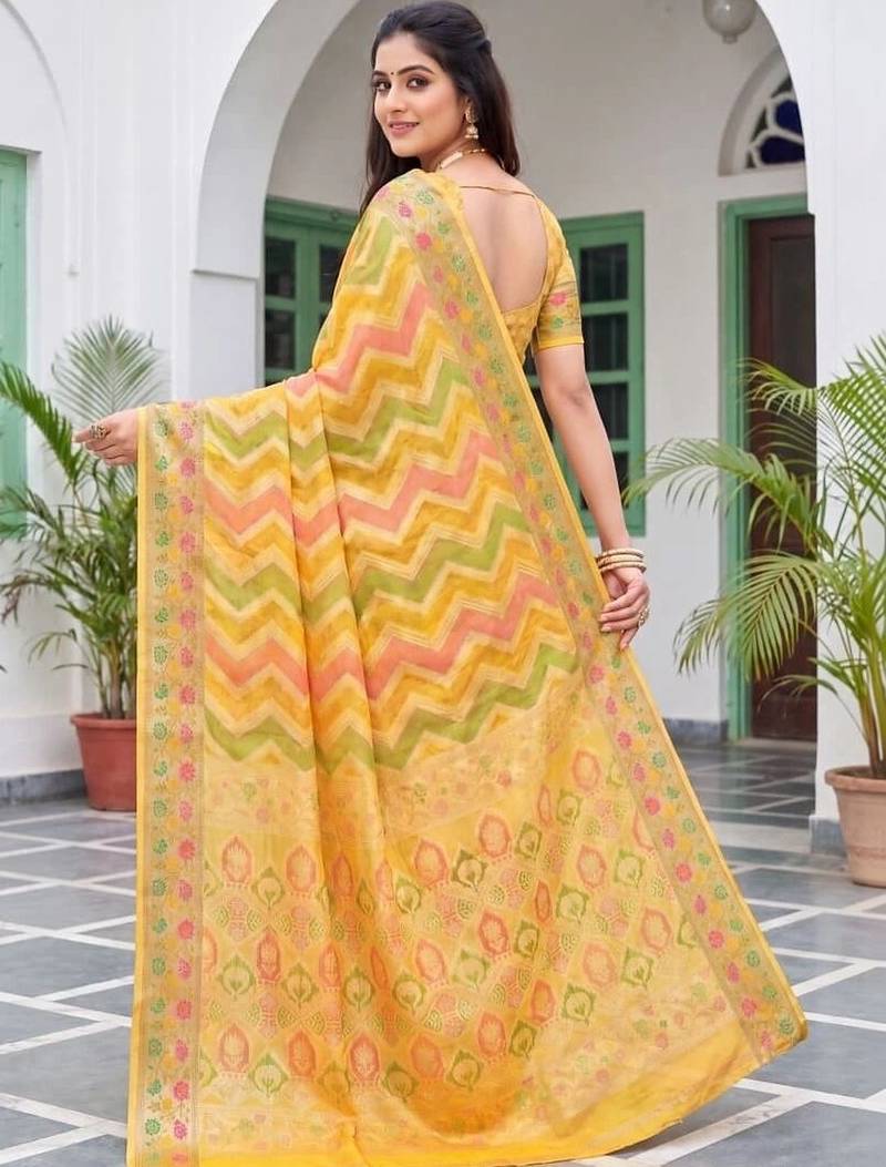 Yellow striped zari art silk fusion banarasi saree