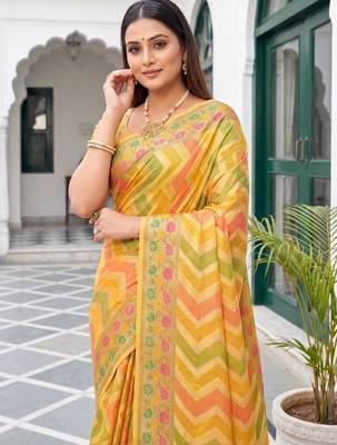 Yellow striped zari art silk fusion banarasi saree 4