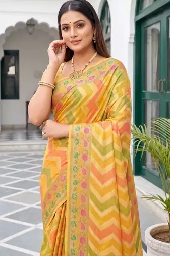 Yellow striped zari art silk fusion banarasi saree