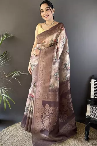 Brown woven design zari silk blend saree