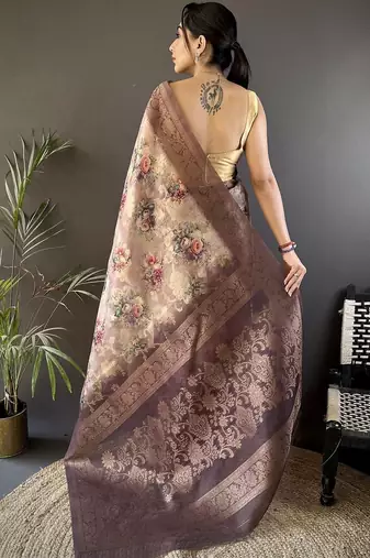 Brown woven design zari silk blend saree