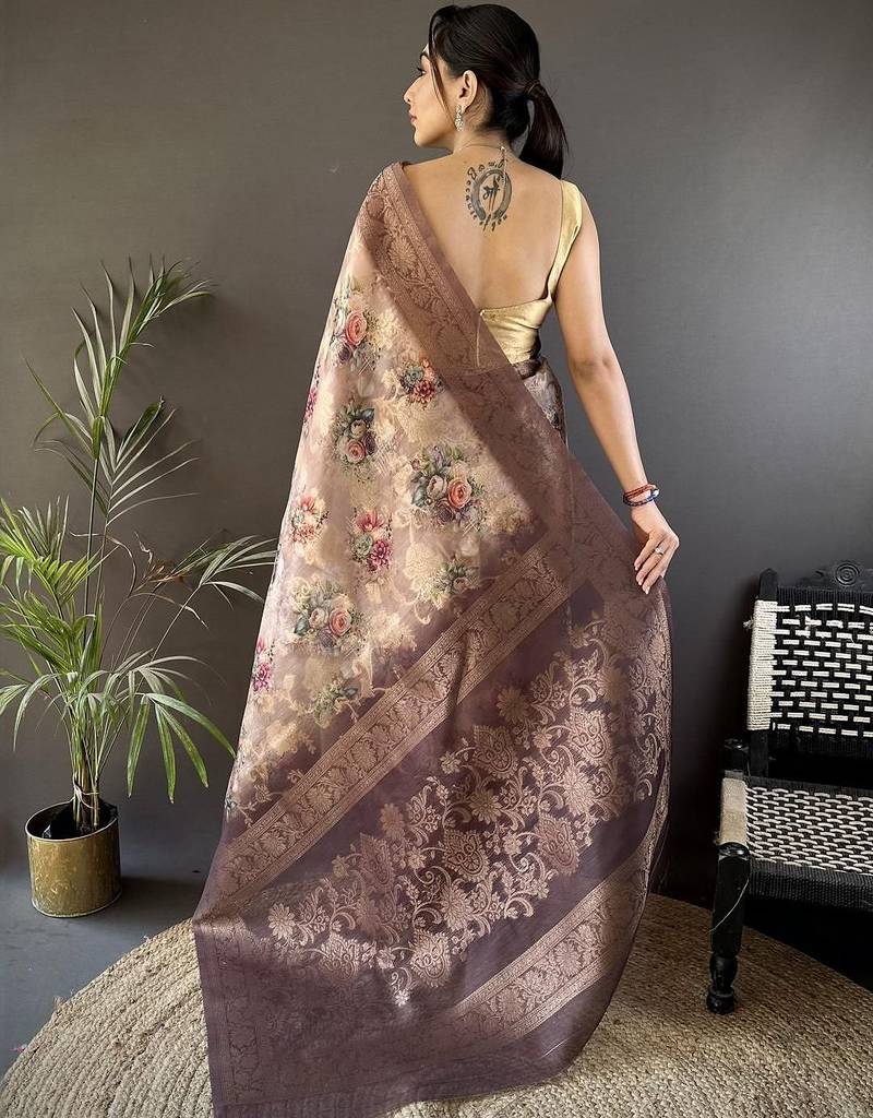 Brown woven design zari silk blend saree