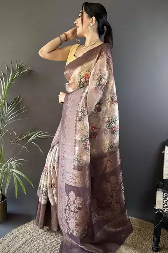Brown woven design zari silk blend saree