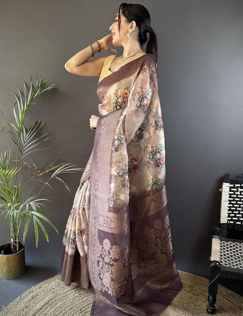 Brown woven design zari silk blend saree