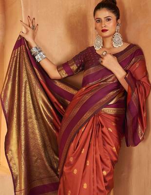 Rust woven design silk blend designer kanjeevaram saree 1