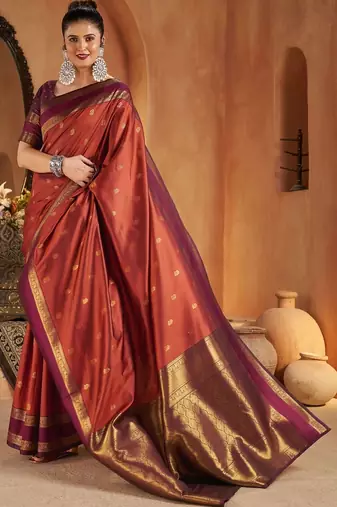 Rust woven design silk blend designer kanjeevaram saree