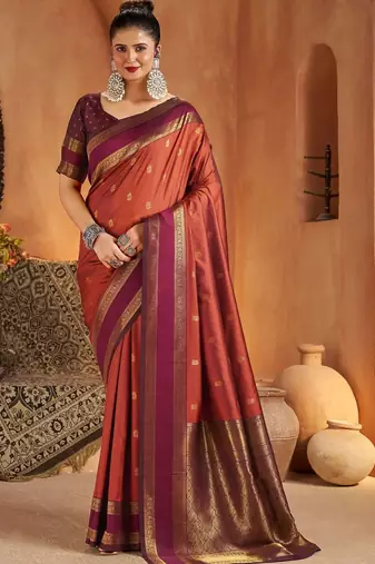 Rust woven design silk blend designer kanjeevaram saree