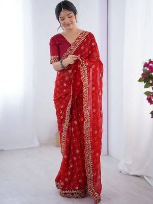 Red floral embroidered pure chiffon saree 1