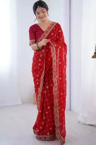 Red floral embroidered pure chiffon saree