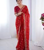 Red floral embroidered pure chiffon saree