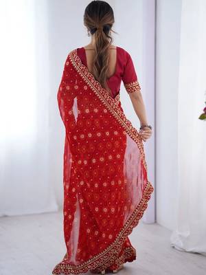 Red floral embroidered pure chiffon saree 2