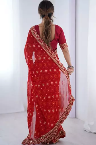 Red floral embroidered pure chiffon saree