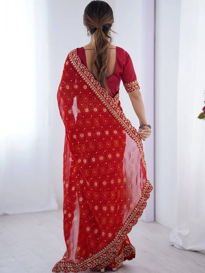 Red floral embroidered pure chiffon saree