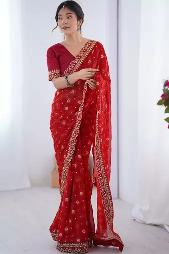 Red floral embroidered pure chiffon saree