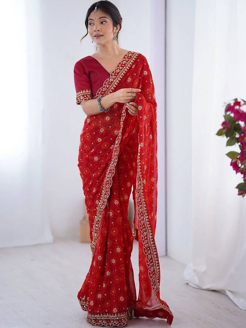 Red floral embroidered pure chiffon saree