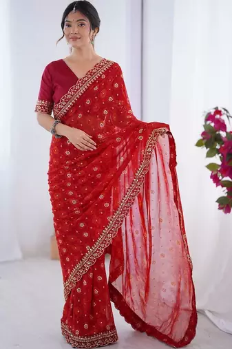 Red floral embroidered pure chiffon saree