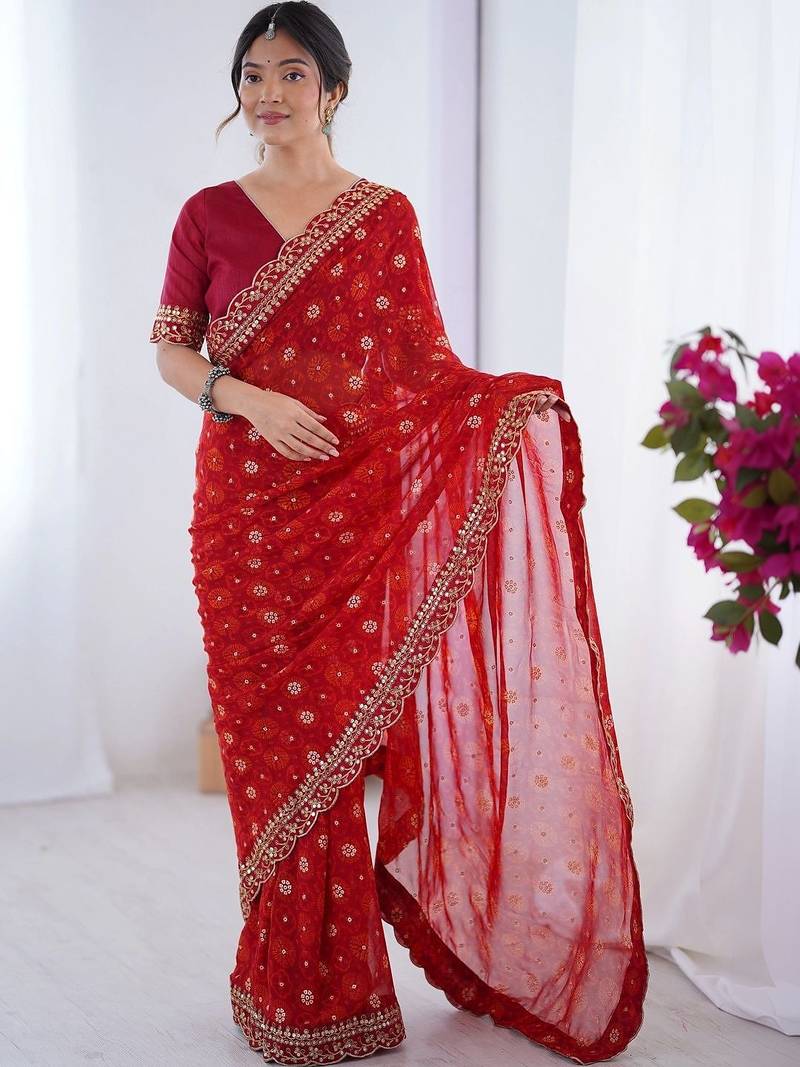 Red floral embroidered pure chiffon saree