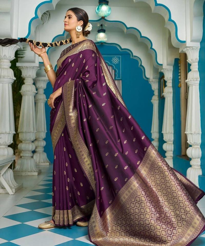 Purple woven design silk blend designer banarasi saree