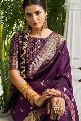 Purple woven design silk blend designer banarasi saree