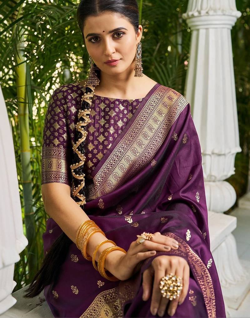 Purple woven design silk blend designer banarasi saree