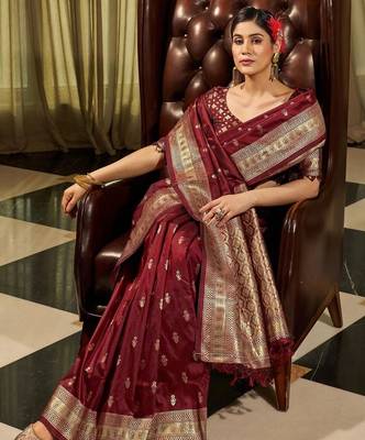 Maroon woven design zari silk blend designer banarasi saree 1
