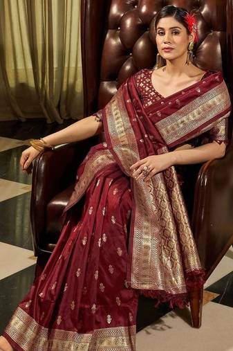 Maroon woven design zari silk blend designer banarasi saree