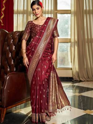 Maroon woven design zari silk blend designer banarasi saree 2