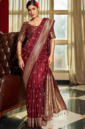 Maroon woven design zari silk blend designer banarasi saree