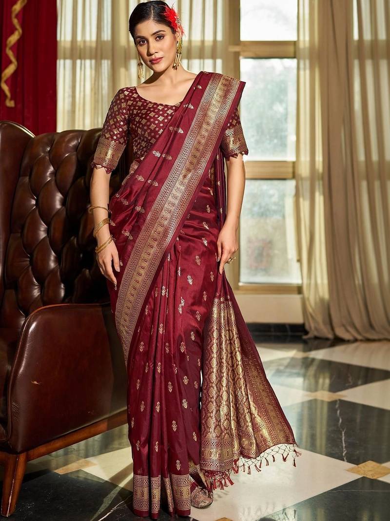 Maroon woven design zari silk blend designer banarasi saree
