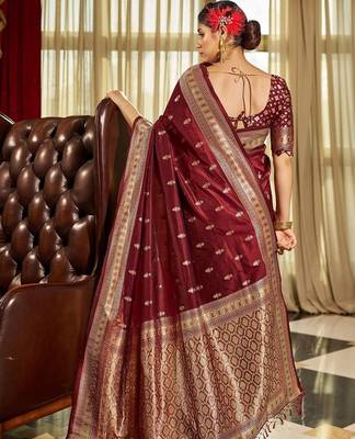 Maroon woven design zari silk blend designer banarasi saree 3