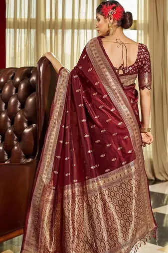 Maroon woven design zari silk blend designer banarasi saree