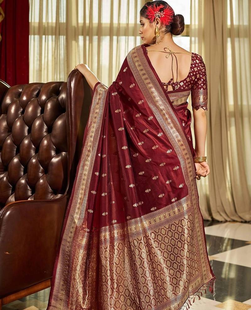 Maroon woven design zari silk blend designer banarasi saree