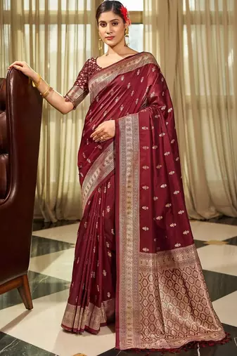 Maroon woven design zari silk blend designer banarasi saree