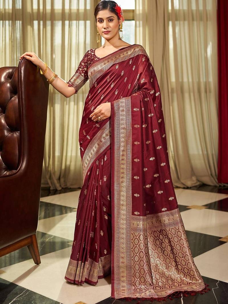 Maroon woven design zari silk blend designer banarasi saree