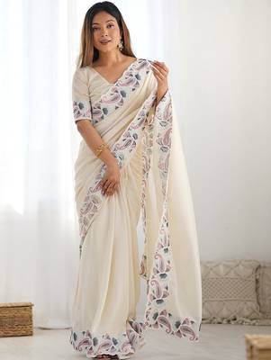 Off white paisley embroidered saree 1