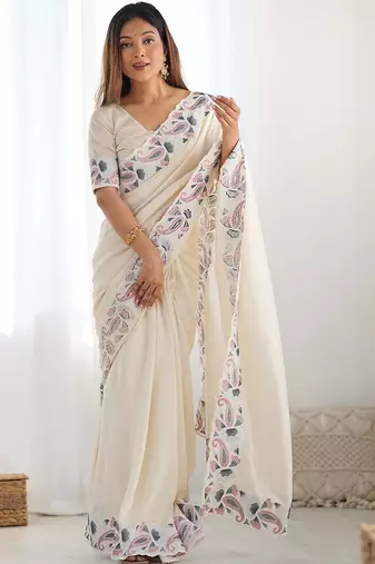 Off white paisley embroidered saree