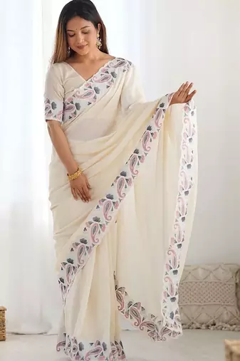 Off white paisley embroidered saree