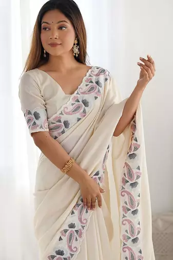 Off white paisley embroidered saree