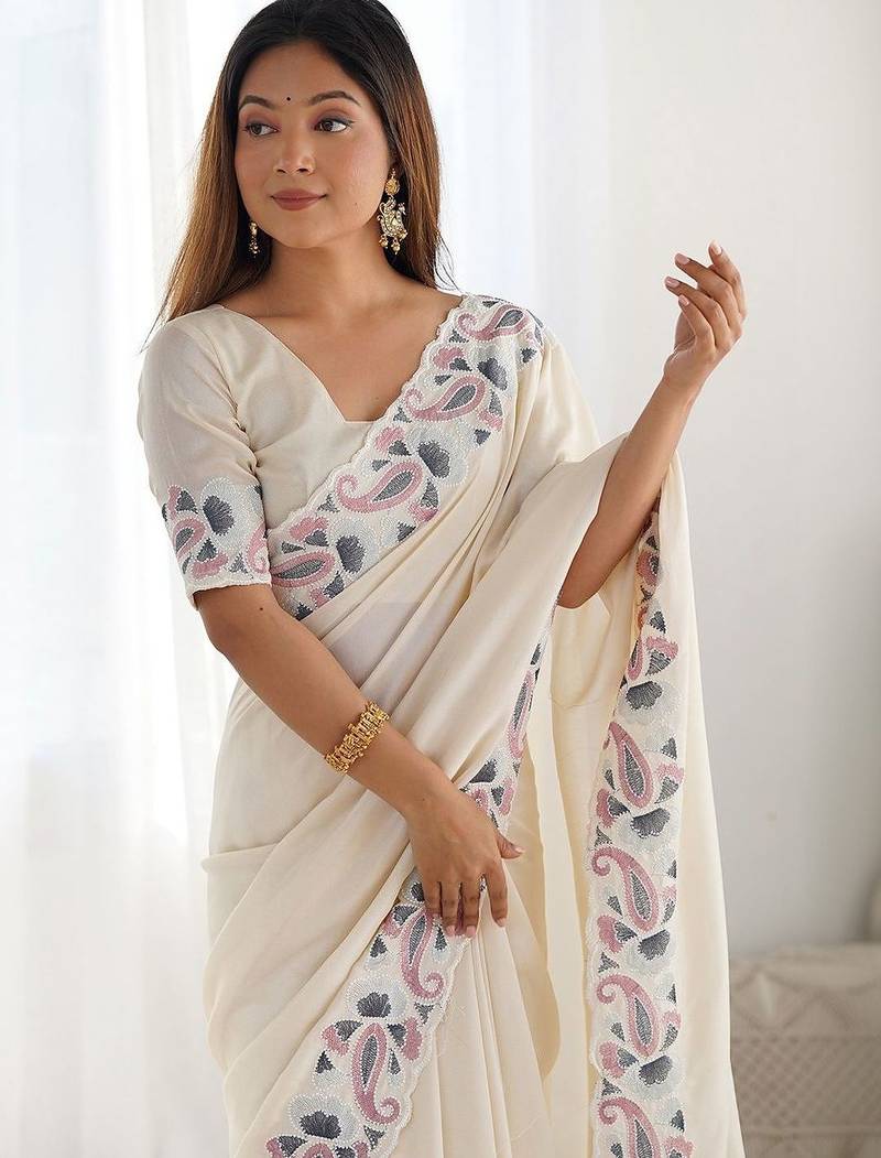 Off white paisley embroidered saree