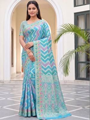 Blue woven design zari art silk fusion banarasi saree 1