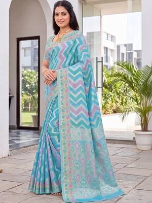 Blue woven design zari art silk fusion banarasi saree 2